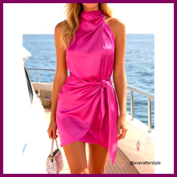 Satin Halter Neck Wrap Dress Elegant Bodycon Cocktail Party Mini - Picture 5 of 7